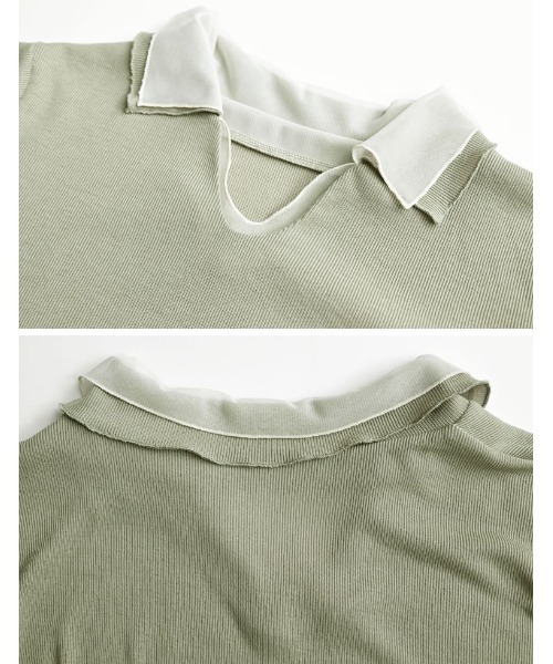 Re:EDIT（リエディ）の「[2026S/S COLLECTION]リブカットソーチュールレイヤード風ポロトップス（Tシャツ/カットソー・レディース・ネイビー/ミント/モカ/ブラック・MEDIUM/LARGE）」の21枚目の写真