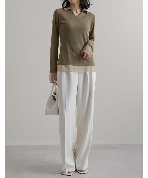 Re:EDIT（リエディ）の「[2026S/S COLLECTION]リブカットソーチュールレイヤード風ポロトップス（Tシャツ/カットソー・レディース・ネイビー/ミント/モカ/ブラック・MEDIUM/LARGE）」の9枚目の写真