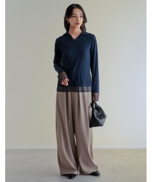 Re:EDIT（リエディ）の「[2026S/S COLLECTION]リブカットソーチュールレイヤード風ポロトップス（Tシャツ/カットソー・レディース・ネイビー/ミント/モカ/ブラック・MEDIUM/LARGE）」の17枚目の写真