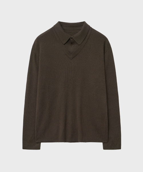 NOIRER(ノイア)の「レイヤードVネックポロニット(ディープブラウン)(ニット/セーター・メンズ・その他・48/50/52)」の2枚目の写真
