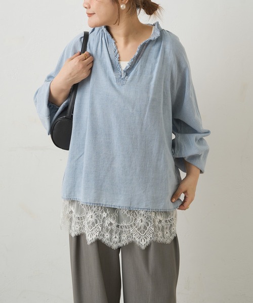 PUAL CE CIN（ピュアルセシン）の「襟元フリルシアーデニムブラウス（シャツ/ブラウス・レディース・インディゴブルー/ブルー・FREE）」の5枚目の写真