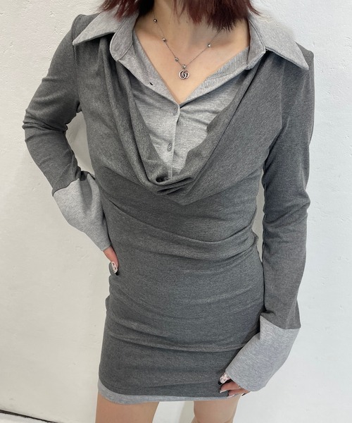 ROGER AND RAW（ロジャーアンドロウ）の「レイヤード風ドレープミニワンピース（ワンピース・レディース・ブラック/グレー・FREE）」の6枚目の写真