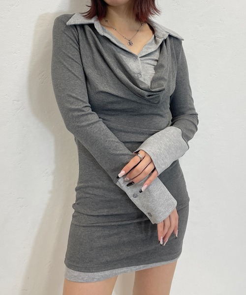 ROGER AND RAW（ロジャーアンドロウ）の「レイヤード風ドレープミニワンピース（ワンピース・レディース・ブラック/グレー・FREE）」の5枚目の写真