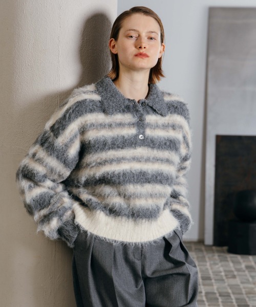 CREDONA(クレドナ)の「MOHAIR BORDER KNIT/モヘヤボーダーニット(ニット/セーター・レディース・ベージュ/グレー・FREE)」の2枚目の写真