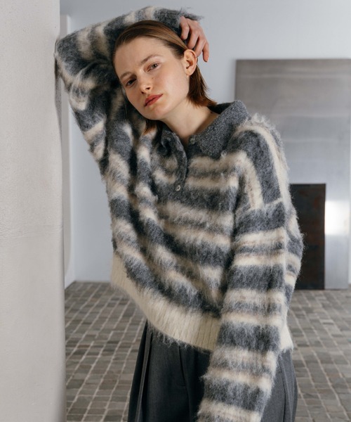 CREDONA(クレドナ)の「MOHAIR BORDER KNIT/モヘヤボーダーニット(ニット/セーター・レディース・ベージュ/グレー・FREE)」の6枚目の写真