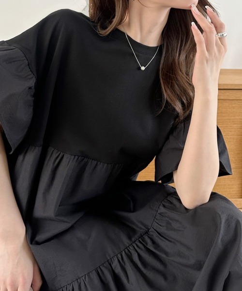 umune(ウムネ)の「ティアードワンピース ロング マキシ丈 フレア半袖 五分袖 無地 切り替え ゆったり 体型力バー 大人カジュアル きれいめ 春夏(ワンピース・レディース・ブラック/ライトグリーン/ブラウン・FREE)」の19枚目の写真