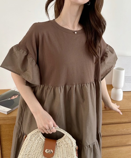 umune(ウムネ)の「ティアードワンピース ロング マキシ丈 フレア半袖 五分袖 無地 切り替え ゆったり 体型力バー 大人カジュアル きれいめ 春夏(ワンピース・レディース・ブラック/ライトグリーン/ブラウン・FREE)」の9枚目の写真