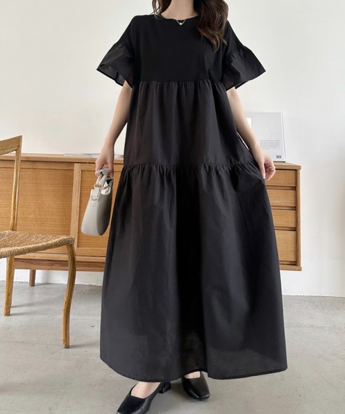 umune(ウムネ)の「ティアードワンピース ロング マキシ丈 フレア半袖 五分袖 無地 切り替え ゆったり 体型力バー 大人カジュアル きれいめ 春夏(ワンピース・レディース・ブラック/ライトグリーン/ブラウン・FREE)」の14枚目の写真