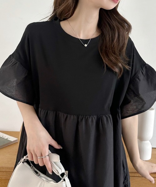 umune(ウムネ)の「ティアードワンピース ロング マキシ丈 フレア半袖 五分袖 無地 切り替え ゆったり 体型力バー 大人カジュアル きれいめ 春夏(ワンピース・レディース・ブラック/ライトグリーン/ブラウン・FREE)」の16枚目の写真
