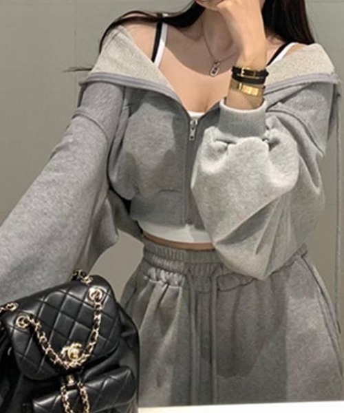 FAVORITO(ファヴォリート)の「ショートパーカーワイドパンツセットアップ(セットアップ・レディース・グリーン/ブラック/グレー・XL/L/M/S)」の1枚目の写真