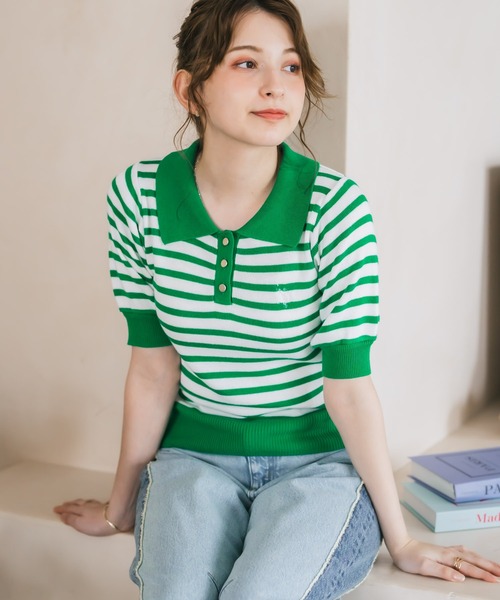 U.S. POLO ASSN.(ユーエスポロアッスン)の「U.S. POLO ASSN. ユーエスポロアッスン W's ワンポイントロゴ刺繍バイカラー半袖ニットポロシャツ 無地/ボーダー(ポロシャツ・レディース・オフホワイト/ホワイト×ブラック/ホワイト×グリーン/ベージュ/ネイビー・M/L)」の3枚目の写真