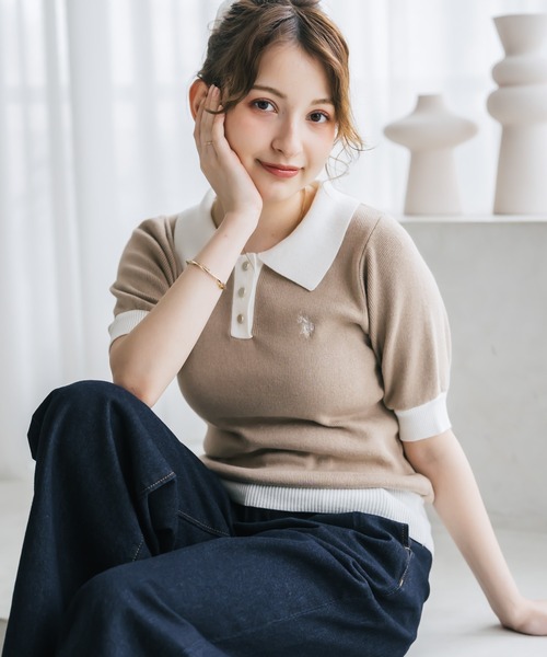 U.S. POLO ASSN.(ユーエスポロアッスン)の「U.S. POLO ASSN. ユーエスポロアッスン W's ワンポイントロゴ刺繍バイカラー半袖ニットポロシャツ 無地/ボーダー(ポロシャツ・レディース・オフホワイト/ホワイト×ブラック/ホワイト×グリーン/ベージュ/ネイビー・M/L)」の4枚目の写真