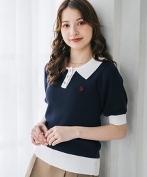 U.S. POLO ASSN. ユーエスポロアッスン W's ワンポイントロゴ刺繍バイカラー半袖ニットポロシャツ 無地/ボーダー