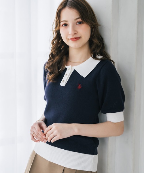 U.S. POLO ASSN.(ユーエスポロアッスン)の「U.S. POLO ASSN. ユーエスポロアッスン W's ワンポイントロゴ刺繍バイカラー半袖ニットポロシャツ 無地/ボーダー(ポロシャツ・レディース・オフホワイト/ホワイト×ブラック/ホワイト×グリーン/ベージュ/ネイビー・M/L)」の5枚目の写真