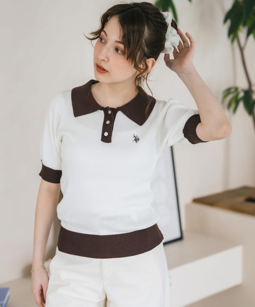 U.S. POLO ASSN.(ユーエスポロアッスン)の「U.S. POLO ASSN. ユーエスポロアッスン W's ワンポイントロゴ刺繍バイカラー半袖ニットポロシャツ 無地/ボーダー(ポロシャツ・レディース・オフホワイト/ホワイト×ブラック/ホワイト×グリーン/ベージュ/ネイビー・M/L)」の2枚目の写真