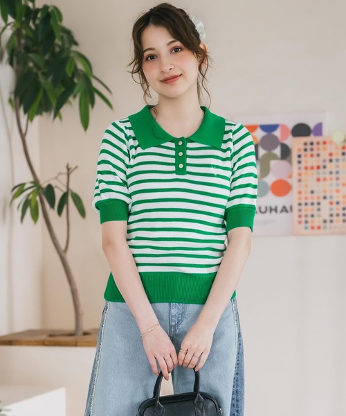 U.S. POLO ASSN.(ユーエスポロアッスン)の「U.S. POLO ASSN. ユーエスポロアッスン W's ワンポイントロゴ刺繍バイカラー半袖ニットポロシャツ 無地/ボーダー(ポロシャツ・レディース・オフホワイト/ホワイト×ブラック/ホワイト×グリーン/ベージュ/ネイビー・M/L)」の12枚目の写真