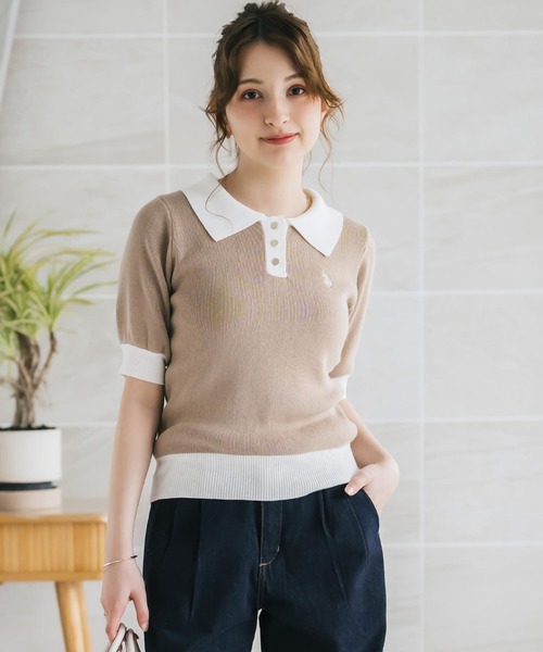 U.S. POLO ASSN.(ユーエスポロアッスン)の「U.S. POLO ASSN. ユーエスポロアッスン W's ワンポイントロゴ刺繍バイカラー半袖ニットポロシャツ 無地/ボーダー(ポロシャツ・レディース・オフホワイト/ホワイト×ブラック/ホワイト×グリーン/ベージュ/ネイビー・M/L)」の21枚目の写真