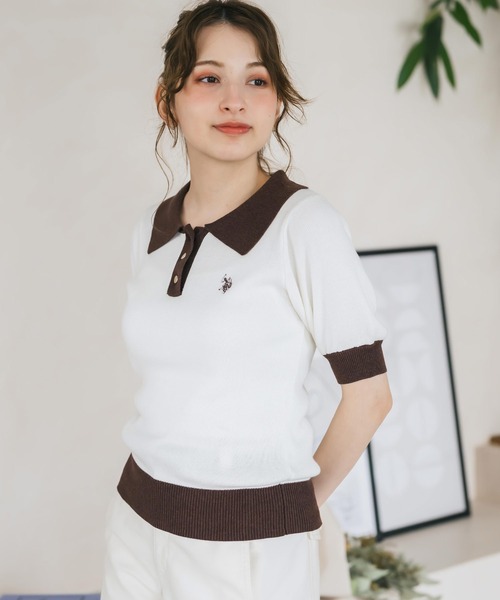 U.S. POLO ASSN.(ユーエスポロアッスン)の「U.S. POLO ASSN. ユーエスポロアッスン W's ワンポイントロゴ刺繍バイカラー半袖ニットポロシャツ 無地/ボーダー(ポロシャツ・レディース・オフホワイト/ホワイト×ブラック/ホワイト×グリーン/ベージュ/ネイビー・M/L)」の6枚目の写真
