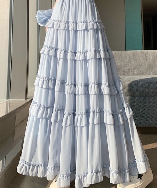 LUCPY(ラクピー)の「ティアードフリルAラインロングスカート(スカート・レディース・ホワイト/ブルー/ブラック・LARGE/MEDIUM/SMALL/X-LARGE)」の4枚目の写真