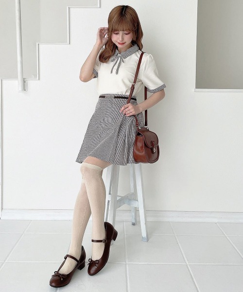 F i.n.t(フィント)の「【セットアップ対応】チェック使いリボンタイ付きポロシャツ/fint フィント(ポロシャツ・レディース・ホワイト×ブラウン/ネイビー・FREE)」の14枚目の写真