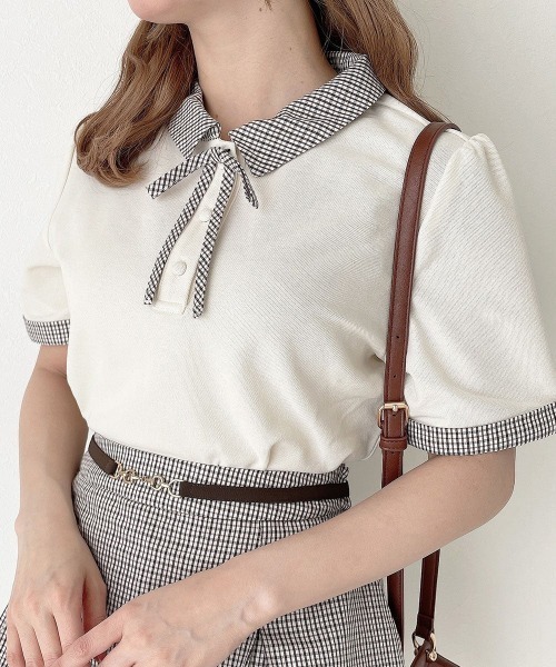 F i.n.t(フィント)の「【セットアップ対応】チェック使いリボンタイ付きポロシャツ/fint フィント(ポロシャツ・レディース・ホワイト×ブラウン/ネイビー・FREE)」の15枚目の写真