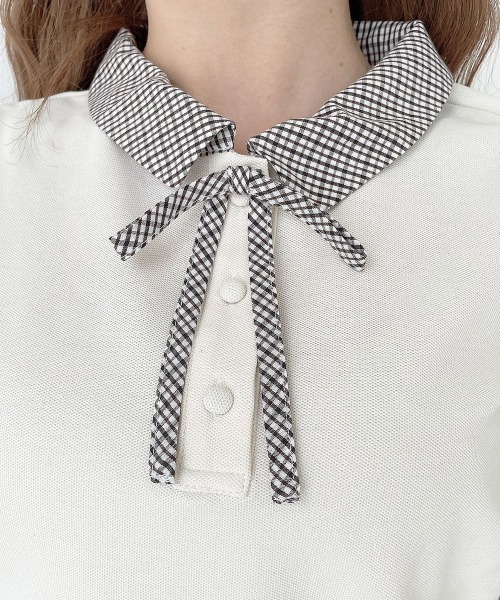 F i.n.t(フィント)の「【セットアップ対応】チェック使いリボンタイ付きポロシャツ/fint フィント(ポロシャツ・レディース・ホワイト×ブラウン/ネイビー・FREE)」の16枚目の写真