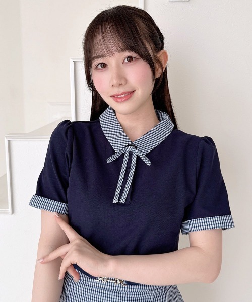 F i.n.t(フィント)の「【セットアップ対応】チェック使いリボンタイ付きポロシャツ/fint フィント(ポロシャツ・レディース・ホワイト×ブラウン/ネイビー・FREE)」の18枚目の写真