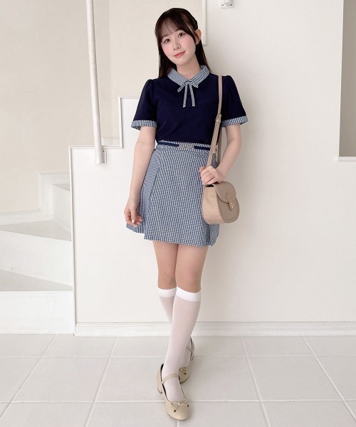 F i.n.t(フィント)の「【セットアップ対応】チェック使いリボンタイ付きポロシャツ/fint フィント(ポロシャツ・レディース・ホワイト×ブラウン/ネイビー・FREE)」の19枚目の写真