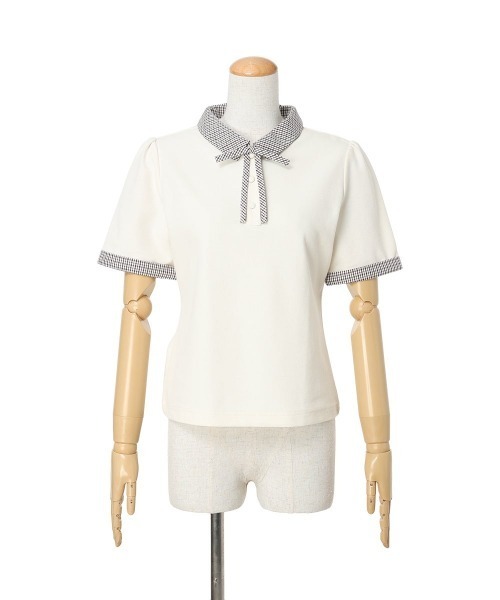 F i.n.t(フィント)の「【セットアップ対応】チェック使いリボンタイ付きポロシャツ/fint フィント(ポロシャツ・レディース・ホワイト×ブラウン/ネイビー・FREE)」の3枚目の写真