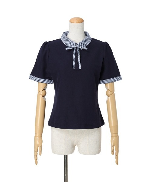F i.n.t(フィント)の「【セットアップ対応】チェック使いリボンタイ付きポロシャツ/fint フィント(ポロシャツ・レディース・ホワイト×ブラウン/ネイビー・FREE)」の4枚目の写真