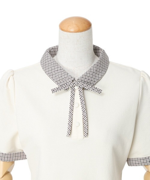 F i.n.t(フィント)の「【セットアップ対応】チェック使いリボンタイ付きポロシャツ/fint フィント(ポロシャツ・レディース・ホワイト×ブラウン/ネイビー・FREE)」の7枚目の写真