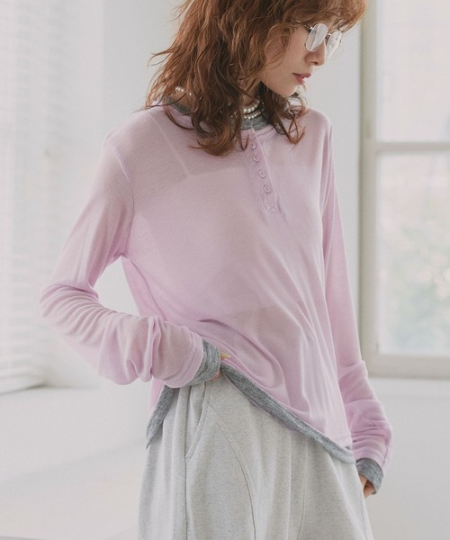 ad thie(アドティエ)の「バイカラー ヘンリー シアートップス(Tシャツ/カットソー・レディース・オートミール/パープル/ライトグリーン/ブラック・FREE)」の4枚目の写真