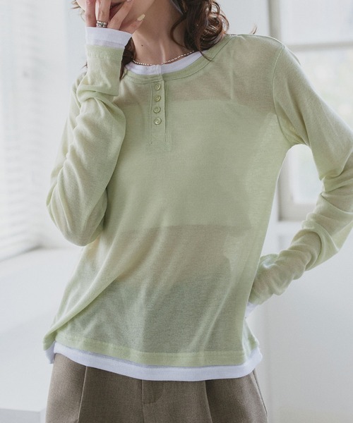 ad thie(アドティエ)の「バイカラー ヘンリー シアートップス(Tシャツ/カットソー・レディース・オートミール/パープル/ライトグリーン/ブラック・FREE)」の3枚目の写真