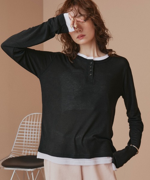 ad thie(アドティエ)の「バイカラー ヘンリー シアートップス(Tシャツ/カットソー・レディース・オートミール/パープル/ライトグリーン/ブラック・FREE)」の7枚目の写真