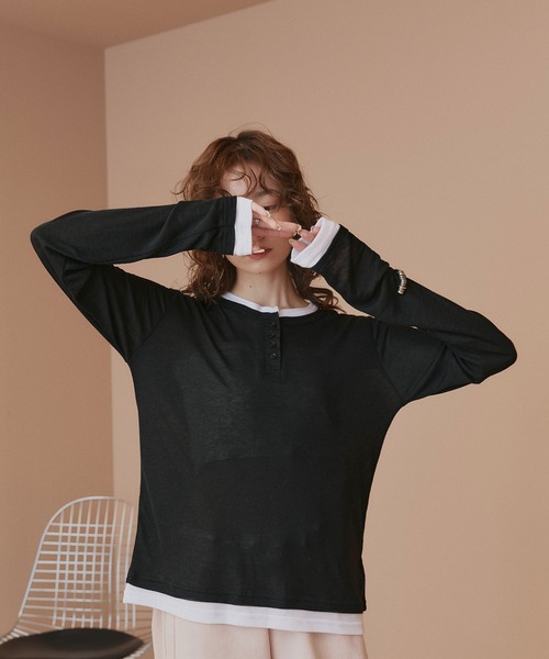 ad thie(アドティエ)の「バイカラー ヘンリー シアートップス(Tシャツ/カットソー・レディース・オートミール/パープル/ライトグリーン/ブラック・FREE)」の9枚目の写真
