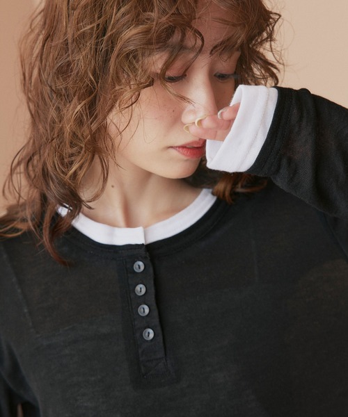 ad thie(アドティエ)の「バイカラー ヘンリー シアートップス(Tシャツ/カットソー・レディース・オートミール/パープル/ライトグリーン/ブラック・FREE)」の10枚目の写真