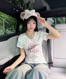 AsheKsha | Vネックのドット柄半袖トップス(Tシャツ/カットソー)