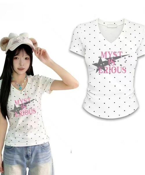 AsheKsha(アシクシャ)の「Vネックのドット柄半袖トップス(Tシャツ/カットソー・レディース・グリーン/ホワイト・M)」の11枚目の写真
