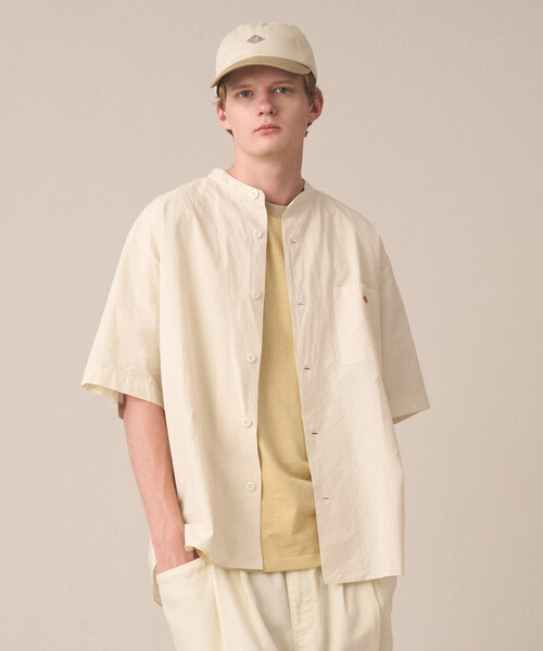 Men's Cotton Linen Short Sleeve Band Collar Shirt（シャツ/ブラウス