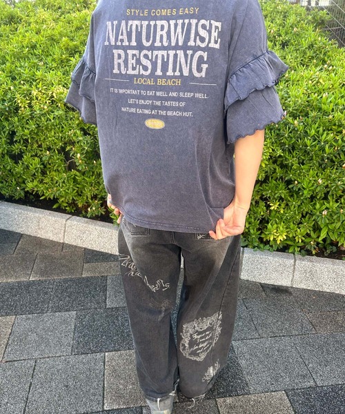UNDERWRAPS(アンダーラップス)の「ピグメント加工 ロゴプリント 袖フリル 半袖Tシャツ(Tシャツ/カットソー・レディース・グリーン/ブラック/ブルー・L/M)」の7枚目の写真