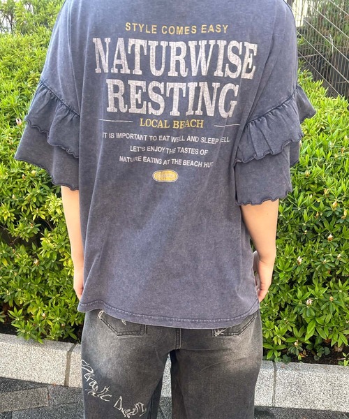 UNDERWRAPS(アンダーラップス)の「ピグメント加工 ロゴプリント 袖フリル 半袖Tシャツ(Tシャツ/カットソー・レディース・グリーン/ブラック/ブルー・L/M)」の8枚目の写真