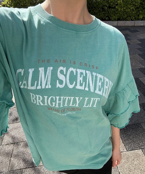 UNDERWRAPS(アンダーラップス)の「ピグメント加工 ロゴプリント 袖フリル 半袖Tシャツ(Tシャツ/カットソー・レディース・グリーン/ブラック/ブルー・L/M)」の11枚目の写真