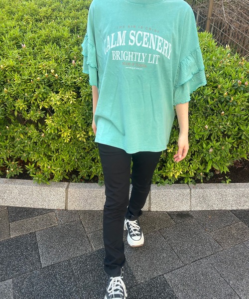 UNDERWRAPS(アンダーラップス)の「ピグメント加工 ロゴプリント 袖フリル 半袖Tシャツ(Tシャツ/カットソー・レディース・グリーン/ブラック/ブルー・L/M)」の12枚目の写真