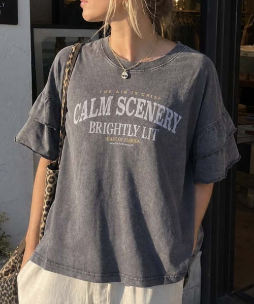 UNDERWRAPS(アンダーラップス)の「ピグメント加工 ロゴプリント 袖フリル 半袖Tシャツ(Tシャツ/カットソー・レディース・グリーン/ブラック/ブルー・L/M)」の18枚目の写真