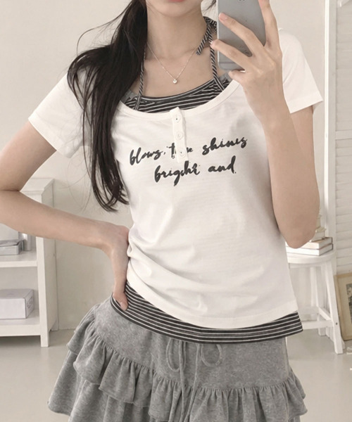 VIVID LADY(ビビッドレディー)の「ボーダー柄ホルタードッキング フェイクレイヤードトップス(Tシャツ/カットソー・レディース・グレー/アイボリー/ブラック/ライトブルー・FREE)」の2枚目の写真