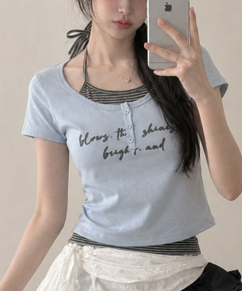 VIVID LADY(ビビッドレディー)の「ボーダー柄ホルタードッキング フェイクレイヤードトップス(Tシャツ/カットソー・レディース・グレー/アイボリー/ブラック/ライトブルー・FREE)」の1枚目の写真