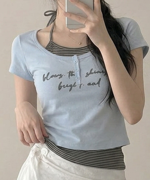 VIVID LADY(ビビッドレディー)の「ボーダー柄ホルタードッキング フェイクレイヤードトップス(Tシャツ/カットソー・レディース・グレー/アイボリー/ブラック/ライトブルー・FREE)」の9枚目の写真