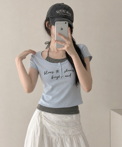 VIVID LADY(ビビッドレディー)の「ボーダー柄ホルタードッキング フェイクレイヤードトップス(Tシャツ/カットソー・レディース・グレー/アイボリー/ブラック/ライトブルー・FREE)」の10枚目の写真