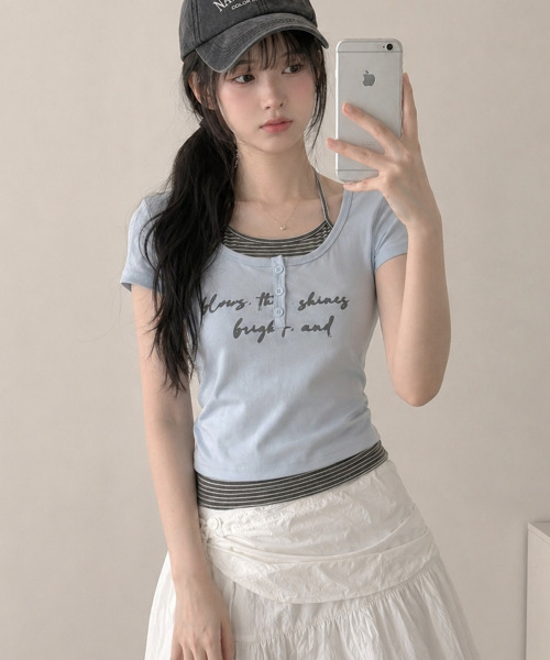 VIVID LADY(ビビッドレディー)の「ボーダー柄ホルタードッキング フェイクレイヤードトップス(Tシャツ/カットソー・レディース・グレー/アイボリー/ブラック/ライトブルー・FREE)」の11枚目の写真