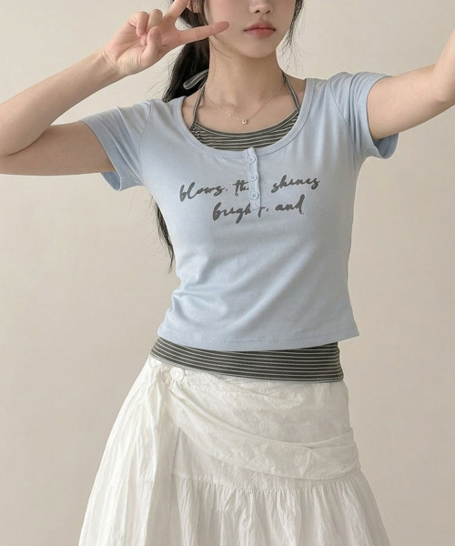 VIVID LADY(ビビッドレディー)の「ボーダー柄ホルタードッキング フェイクレイヤードトップス(Tシャツ/カットソー・レディース・グレー/アイボリー/ブラック/ライトブルー・FREE)」の12枚目の写真